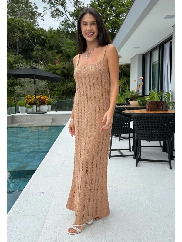 VESTIDO KIARA FIO METALIZADO - COSH JEANS - Caqui