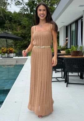 VESTIDO KIARA FIO METALIZADO - COSH JEANS - Caqui