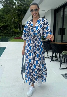 VESTIDO LASTEX CINTURA ESTAMPADO - COSH JEANS - Azul