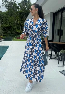 VESTIDO LASTEX CINTURA ESTAMPADO - COSH JEANS - Azul