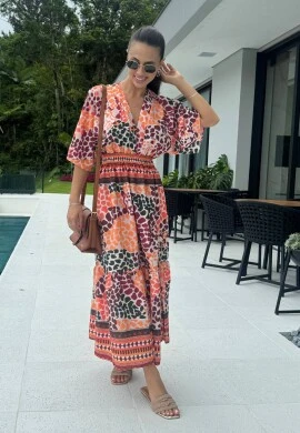 VESTIDO LASTEX CINTURA ESTAMPADO - COSH JEANS - Laranja