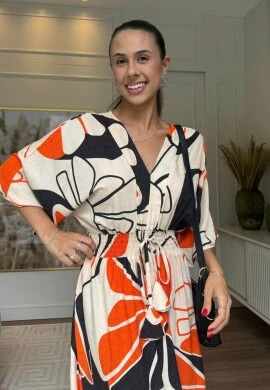 VESTIDO LASTEX CINTURA ESTAMPADO - COSH JEANS - Laranja