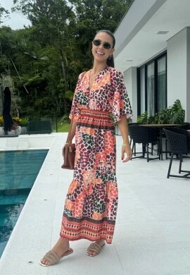 VESTIDO LASTEX CINTURA ESTAMPADO - COSH JEANS - Laranja