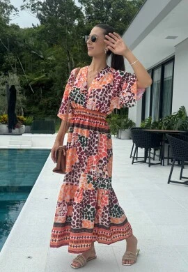 VESTIDO LASTEX CINTURA ESTAMPADO - COSH JEANS - Laranja