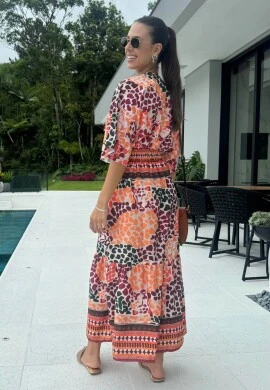 VESTIDO LASTEX CINTURA ESTAMPADO - COSH JEANS - Laranja