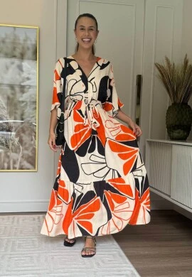 VESTIDO LASTEX CINTURA ESTAMPADO - COSH JEANS - Laranja