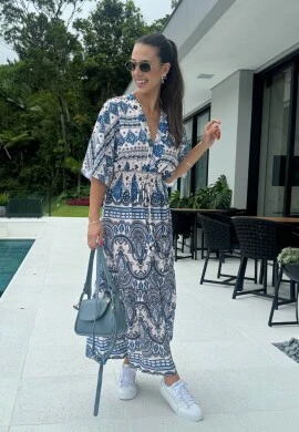 VESTIDO LASTEX CINTURA ESTAMPADO - COSH JEANS - Marinho