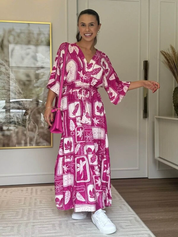 VESTIDO LASTEX CINTURA ESTAMPADO - COSH JEANS - Pink