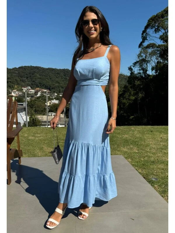 VESTIDO LINHO FEMININO COM ELASTICO NAS COSTAS - COSH JEANS - Azul