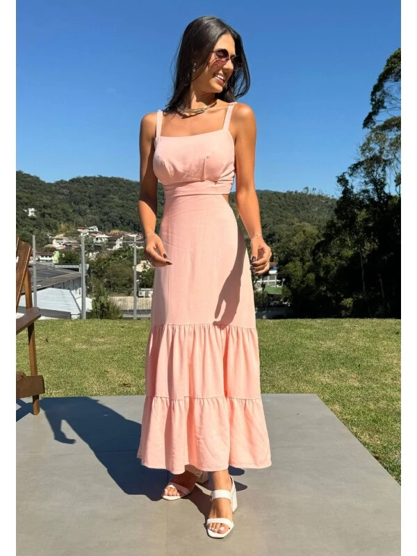 VESTIDO LINHO FEMININO COM ELASTICO NAS COSTAS - COSH JEANS - Salmão