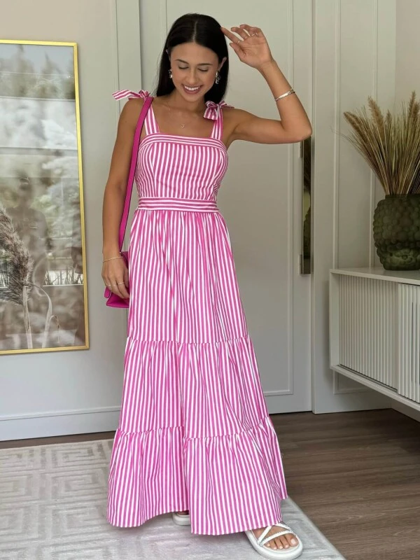 VESTIDO LISTRADO FEMININO TRICOLINE - COSH JEANS - Rosa