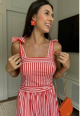 VESTIDO LISTRADO FEMININO TRICOLINE - COSH JEANS - Vermelho