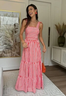 VESTIDO LISTRADO FEMININO TRICOLINE - COSH JEANS - Vermelho