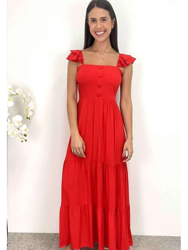 VESTIDO LONGO C/ BOTÕES FEMININO - COSH JEANS - Vermelho