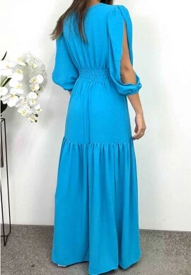 VESTIDO LONGO COM ABERTURA NAS MANGAS  COSH JEANS - Azul celeste