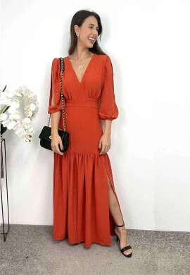 VESTIDO LONGO COM ABERTURA NAS MANGAS  COSH JEANS - Ferrugem