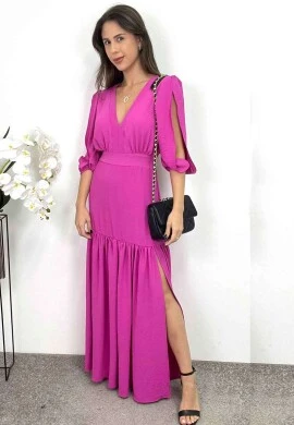 VESTIDO LONGO COM ABERTURA NAS MANGAS  COSH JEANS - Fucsia