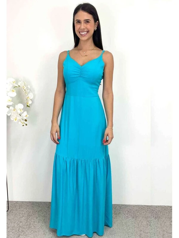VESTIDO LONGO COM AMARRAÇÃO - COSH JEANS - Azul