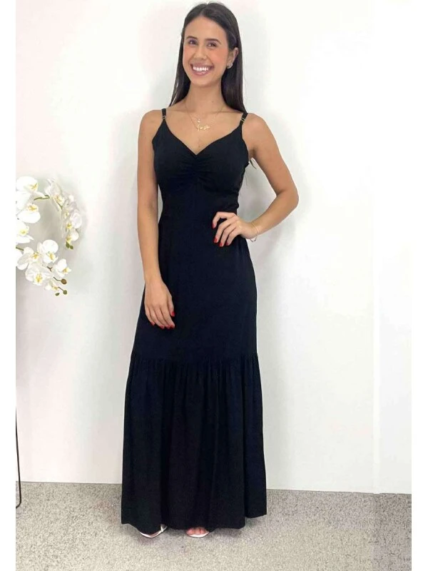 VESTIDO LONGO COM AMARRAÇÃO - COSH JEANS - Preto