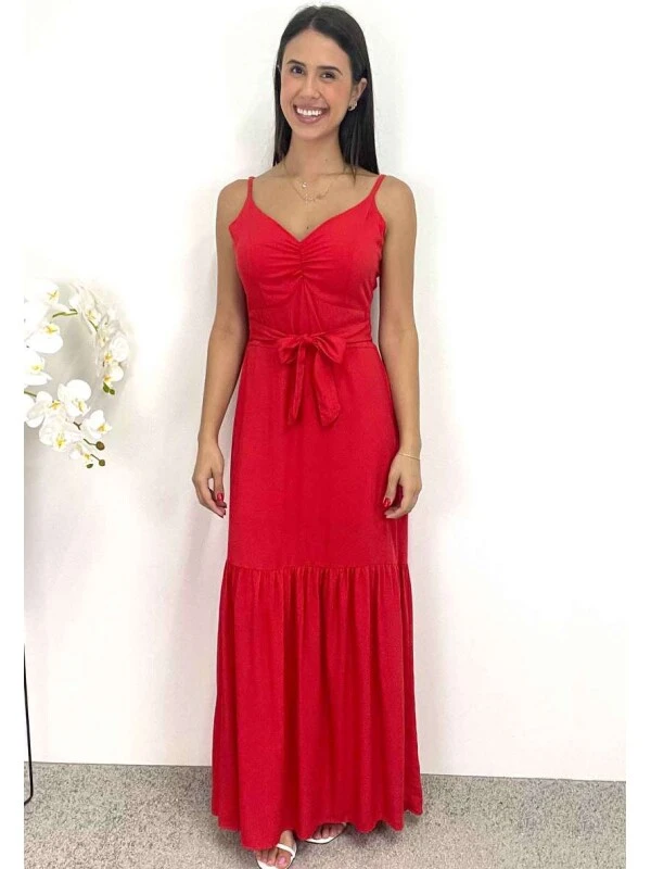VESTIDO LONGO COM AMARRAÇÃO - COSH JEANS - Vermelho