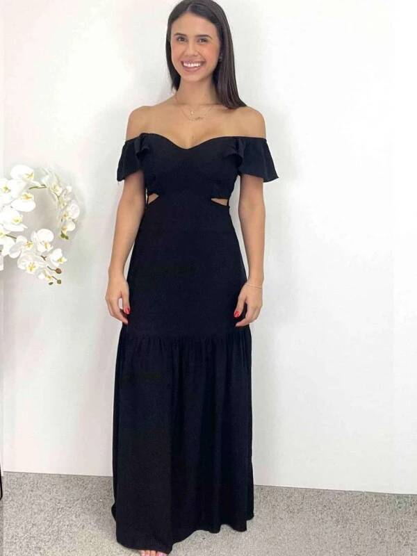 VESTIDO LONGO COM CORTE NA LATERAL - COSH JEANS - Preto