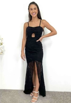 VESTIDO LONGO DE RENDA  COSH JEANS - Preto