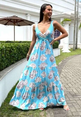 VESTIDO LONGO ESTAMPADO - COSH JEANS - Azul soft