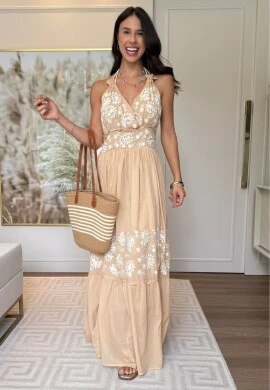 VESTIDO LONGO FEMININO BOHO - COSH JEANS - Bege
