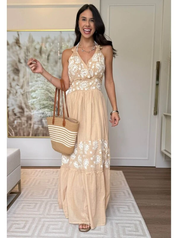 VESTIDO LONGO FEMININO BOHO - COSH JEANS - Bege
