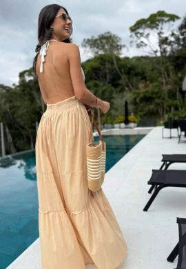 VESTIDO LONGO FEMININO BOHO - COSH JEANS - Bege