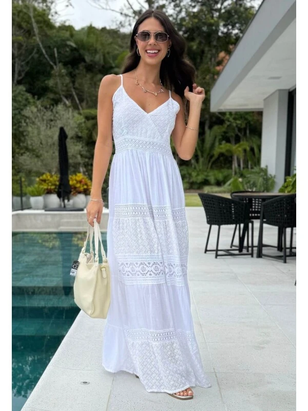 VESTIDO LONGO FEMININO BOHO - COSH JEANS - Branco