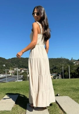 VESTIDO LONGO FEMININO EM CAMADAS - COSH - Bege