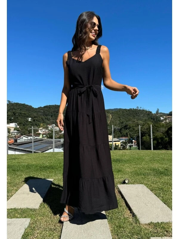 VESTIDO LONGO FEMININO EM CAMADAS - COSH - Preto