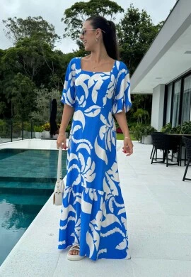 VESTIDO LONGO FEMININO ESTAMPADO - COSH JEANS - Azul