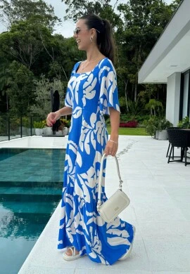 VESTIDO LONGO FEMININO ESTAMPADO - COSH JEANS - Azul