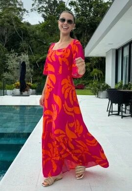 VESTIDO LONGO FEMININO ESTAMPADO - COSH JEANS - Laranja