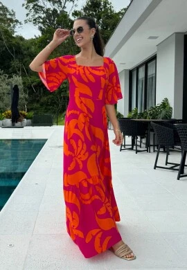 VESTIDO LONGO FEMININO ESTAMPADO - COSH JEANS - Laranja