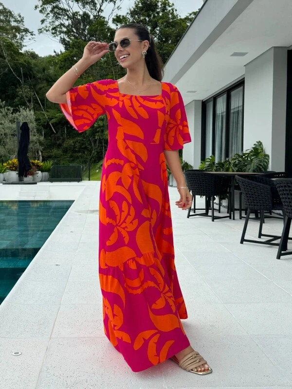 VESTIDO LONGO FEMININO ESTAMPADO - COSH JEANS - Laranja