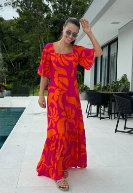 VESTIDO LONGO FEMININO ESTAMPADO - COSH JEANS - Laranja