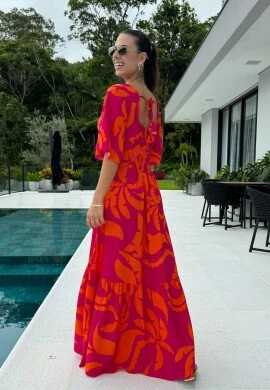 VESTIDO LONGO FEMININO ESTAMPADO - COSH JEANS - Laranja