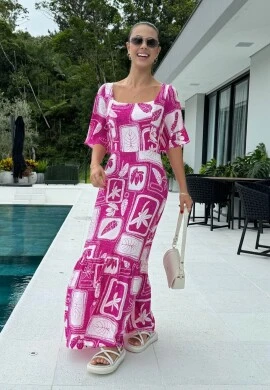 VESTIDO LONGO FEMININO ESTAMPADO - COSH JEANS - Pink