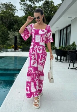 VESTIDO LONGO FEMININO ESTAMPADO - COSH JEANS - Pink