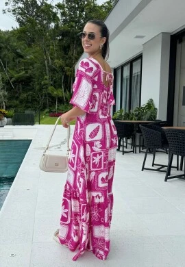 VESTIDO LONGO FEMININO ESTAMPADO - COSH JEANS - Pink