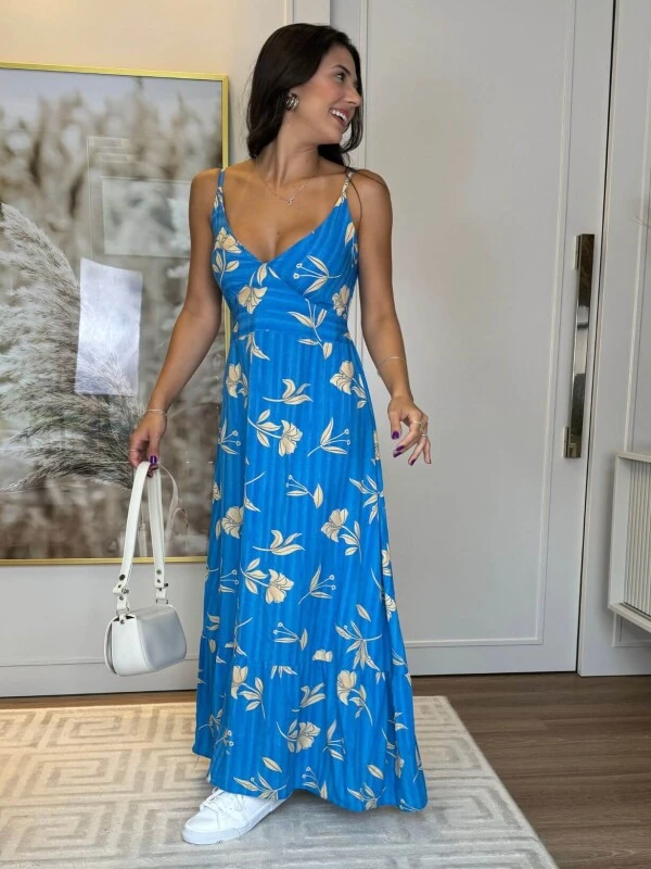 VESTIDO LONGO FEMININO ESTAMPADO FLORA - COSH JEANS - Azul