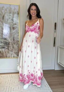 VESTIDO LONGO FEMININO ESTAMPADO FLORA - COSH JEANS - Linho/rosa