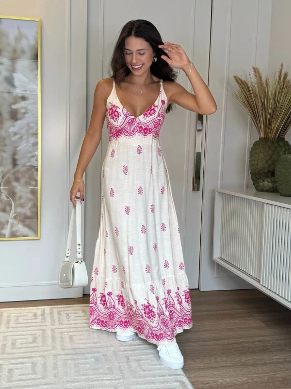 VESTIDO LONGO FEMININO ESTAMPADO FLORA - COSH JEANS - Linho/rosa