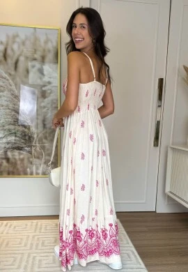 VESTIDO LONGO FEMININO ESTAMPADO FLORA - COSH JEANS - Linho/rosa