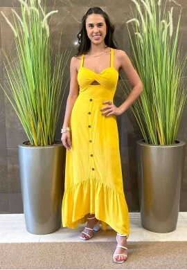 VESTIDO MIDI C/ BOTÕES - COSH JEANS - Amarelo