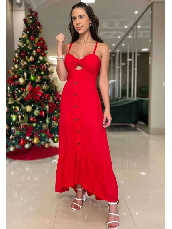VESTIDO MIDI C/ BOTÕES - COSH JEANS - Vermelho