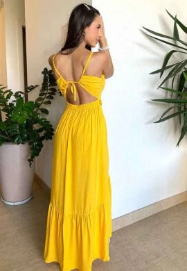 VESTIDO MIDI C/ DETALHE NA CINTURA - COSH JEANS - Amarelo